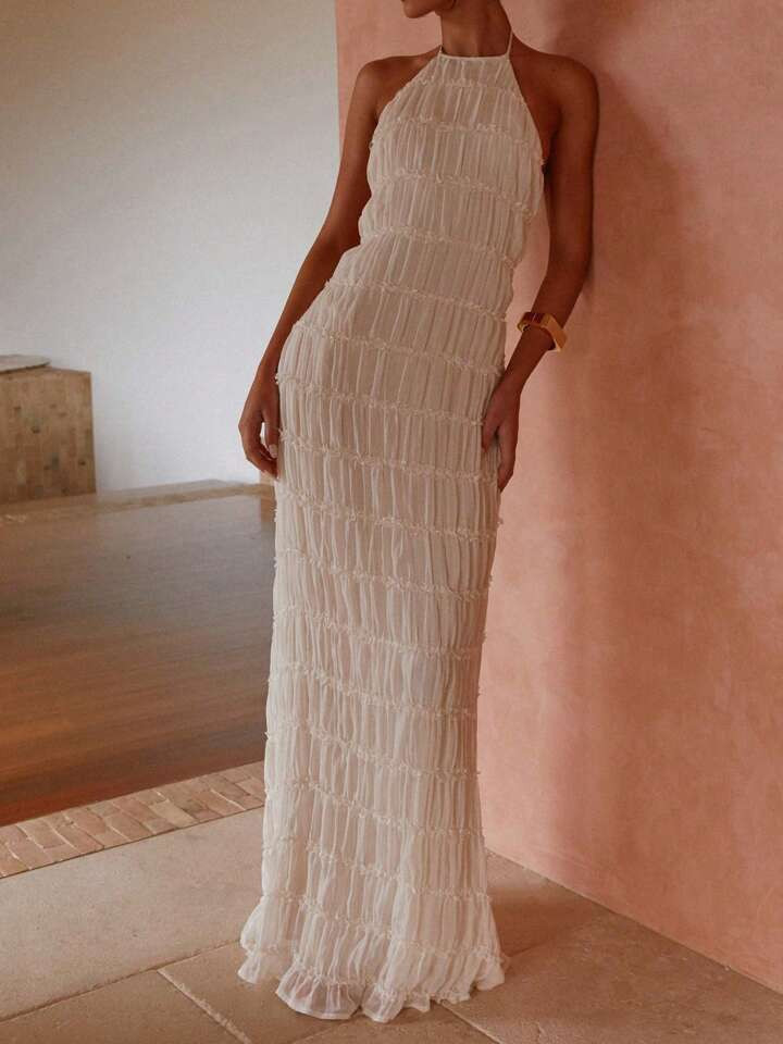 Women's Halter Neck Sleeveless Backless Bodycon Long Dress Ruched Party Evening Cocktail Dresses | SHEIN