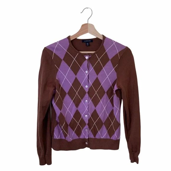 Land’s End Purple and Brown Argyle Cardigan Sweater | Trendy Preppy Cardigan S | Poshmark