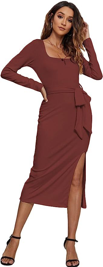 Capuffy Women's Long Sleeve Side Slit Midi Bodycon Dress Square Neck Party Dress with Belt 72041 | Amazon (US)