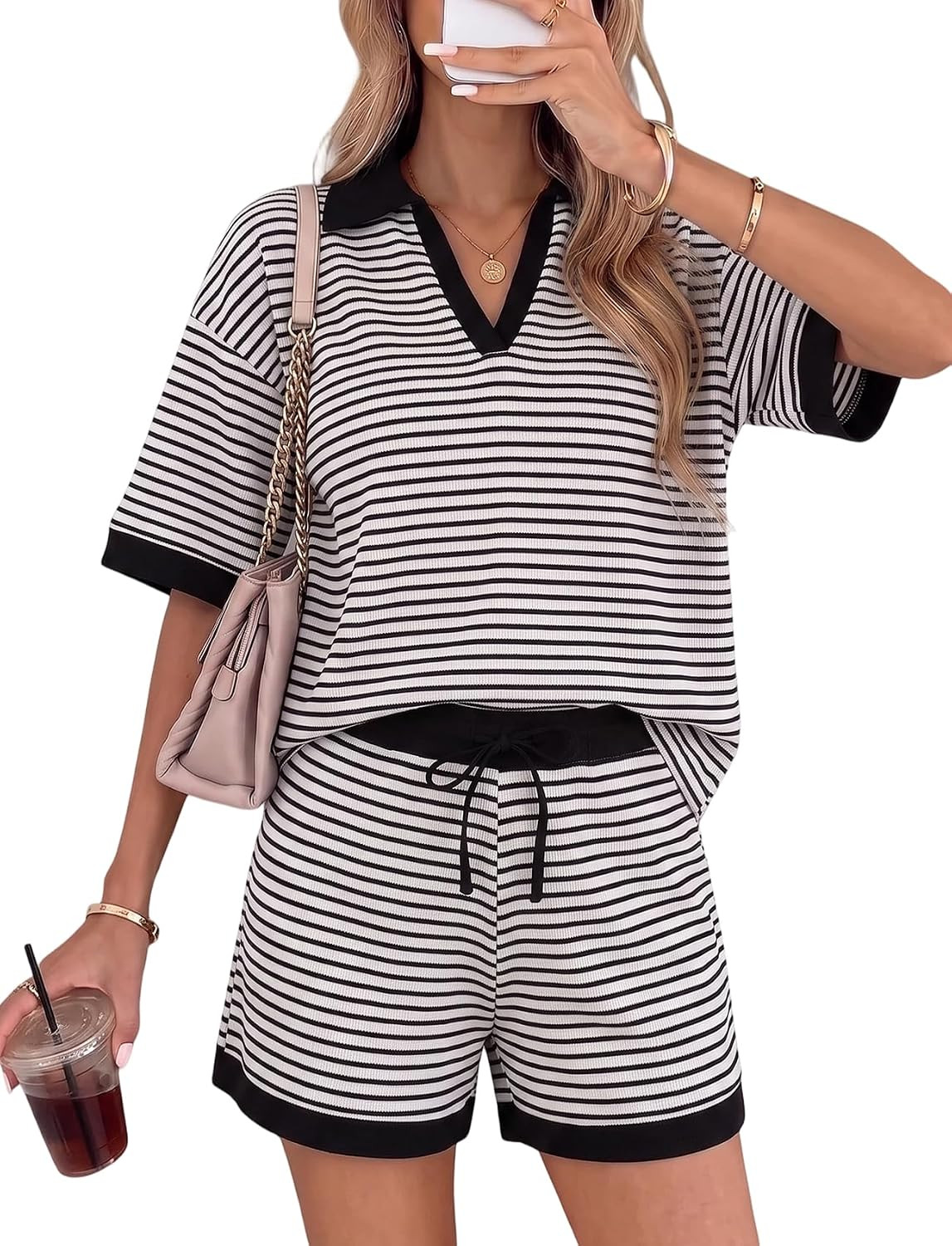 Women's 2 Piece Shorts Set Striped Waffle Knit Summer Matching Outfits | Amazon (US)