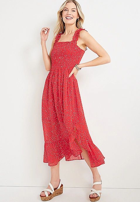 Red Smocked Midi Dress | Maurices