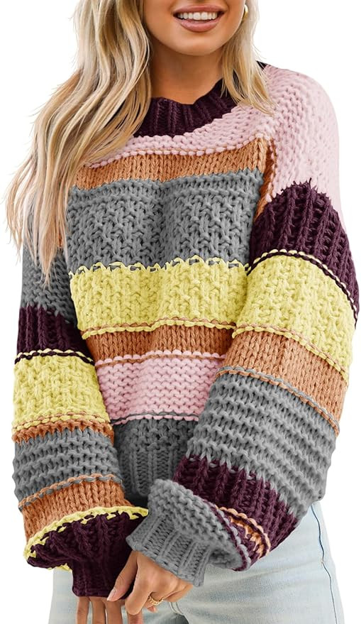 Saodimallsu Womens Color Block Sweater Striped Chunky Knit Cropped Sweaters Crewneck Fall Long Sl... | Amazon (US)