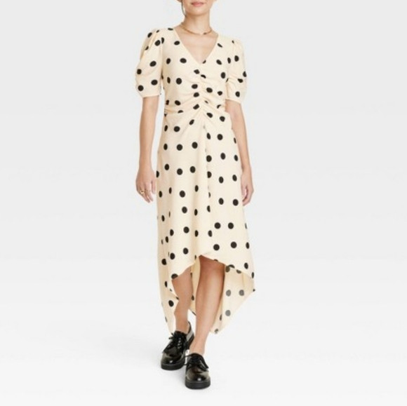 NWT A New Day Beige Polka Dot Crepe Short Sleeve Midi Dress Size XS | Poshmark