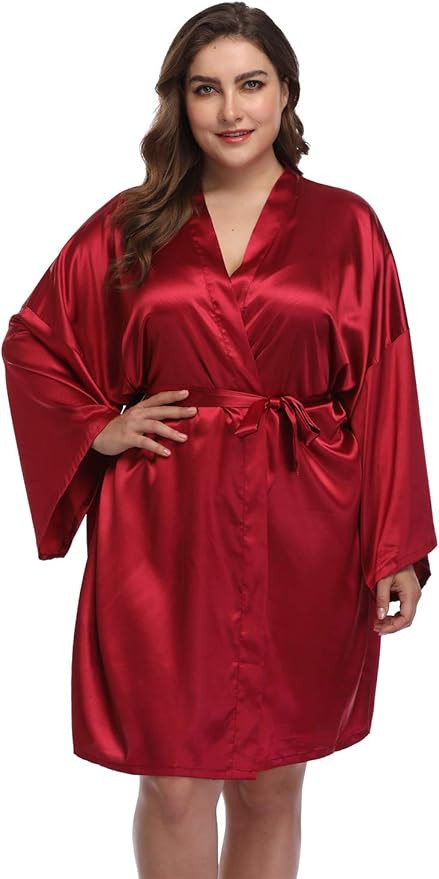Women's Plus Size Satin Robes Short Silky Bathrobes Bridesmaid Party Dressing Gown | Amazon (US)
