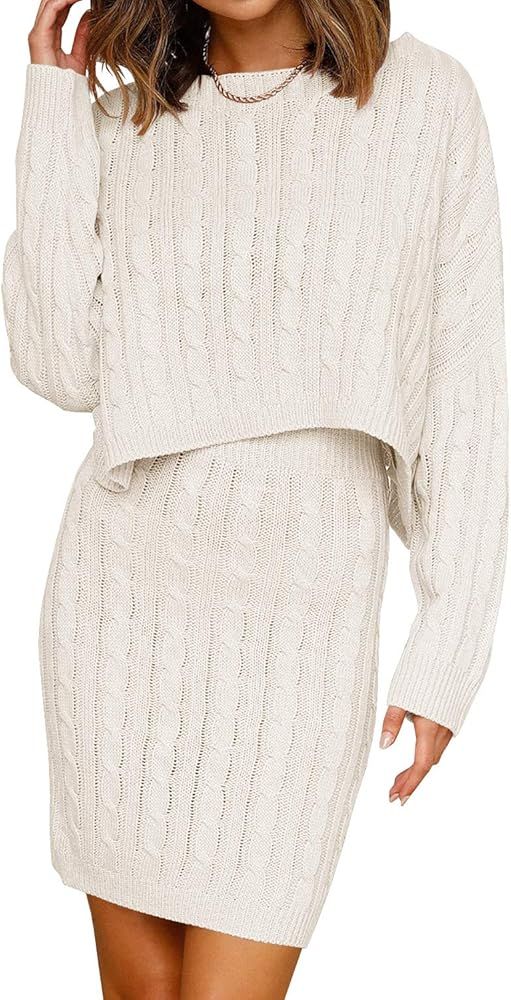 Amazon.com: Womens Cable Knit Long Sleeve Sweater Dress 2pcs Boat Neck Loose Pullover Batwing Cro... | Amazon (US)