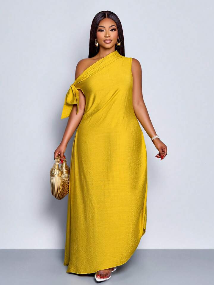 SOLERSUN Women's Plus Size Spring Summer Solid Color Elegant Party Vacation Daily Commuting Holiday Party Sleeveless One Shoulder Maxi Dress | SHEIN