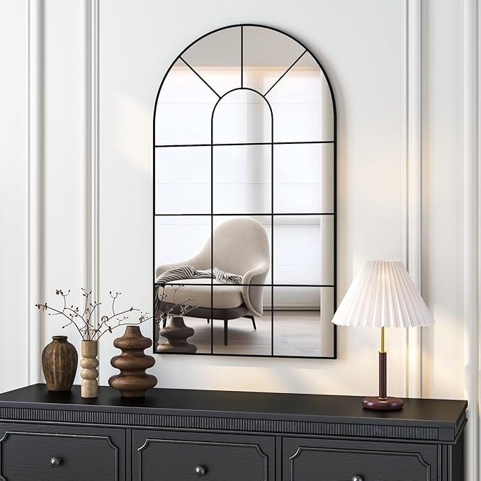 Arched Wall Mirror, 42"x24" Arched Window Mirror Decorative Wall Mounted, Black Frame Window Pane... | Amazon (US)