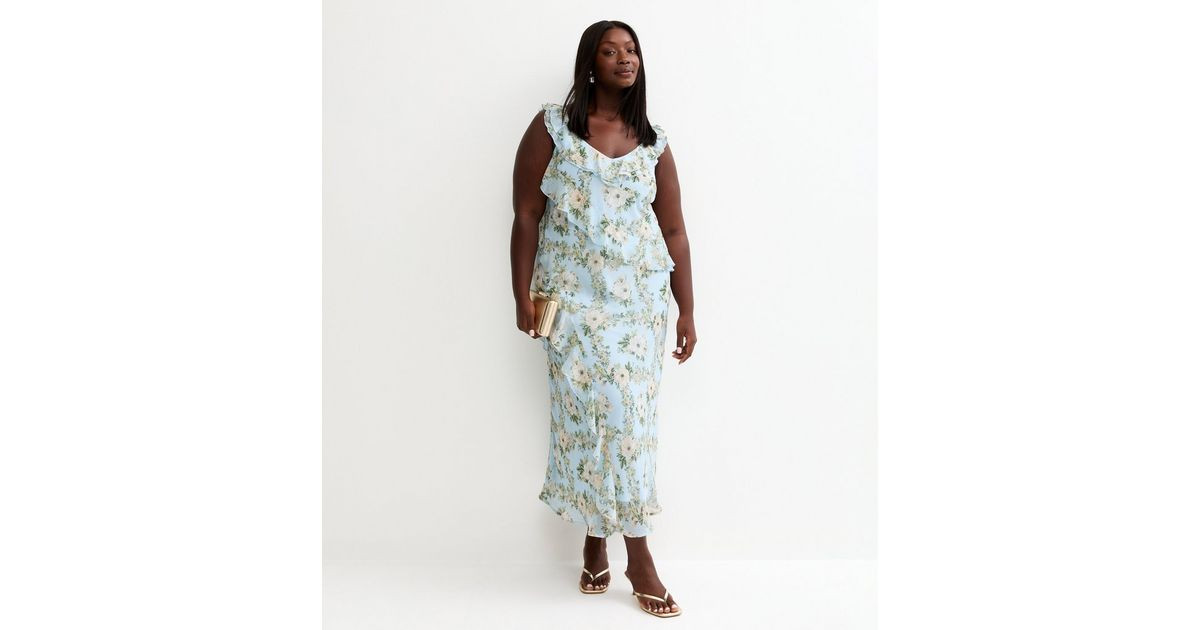 Curves Light Blue Floral Chiffon Ruffle Midi Dress | New Look | New Look (UK)