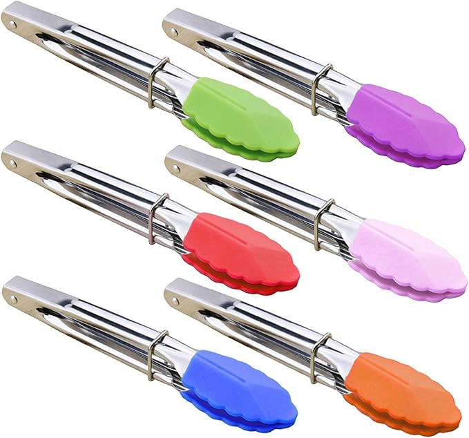 HINMAY Small Tongs with Silicone Tips 7-Inch Mini Serving Tongs, Set of 6 (Green Red Blue Purple ... | Amazon (US)