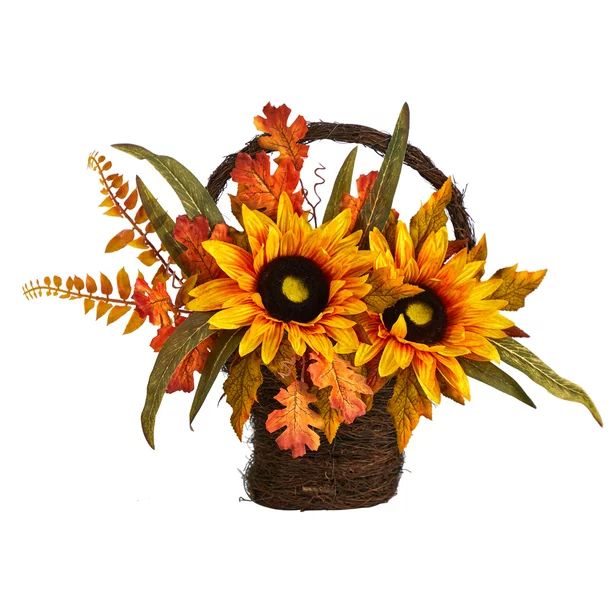 Nearly Natural 16" Autumn Fall Sunflower Artificial Flower Arrangement in Decorative Basket, Yell... | Walmart (US)