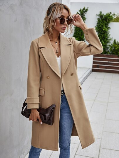 Double Button Lapel Collar Self Tie Overcoat | SHEIN