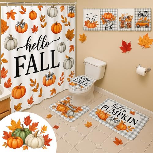 SmoothNovelty 8 Pcs Hello Fall Shower Curtain Set Autumn Pumpkin Bathroom Curtain with 12 Hooks Harvest Bath Non-Slip Rugs Toilet Lid Cover Bath Waterproof Mat for Thanksgiving Bathroom Decor(Fall) | Amazon (US)