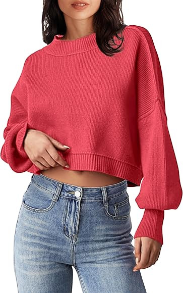 MEROKEETY Women's Crewneck Cropped Sweater 2023 Fall Batwing Sleeve Oversized Side Slit Ribbed Kn... | Amazon (US)