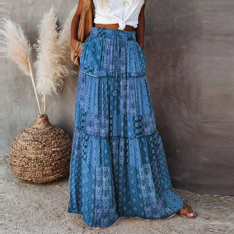 Skpblutn Skirt for Women Long Boho Flowers High Elastic Waist With Pockets And Belt Maxi Skirt Pl... | Walmart (US)