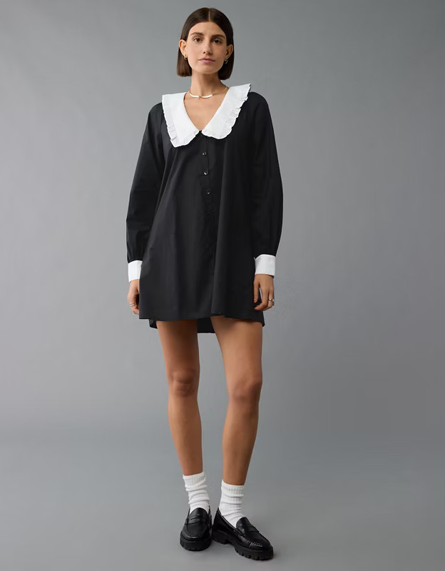 AE Long-Sleeve Collared Mini Dress | American Eagle Outfitters (US & CA)
