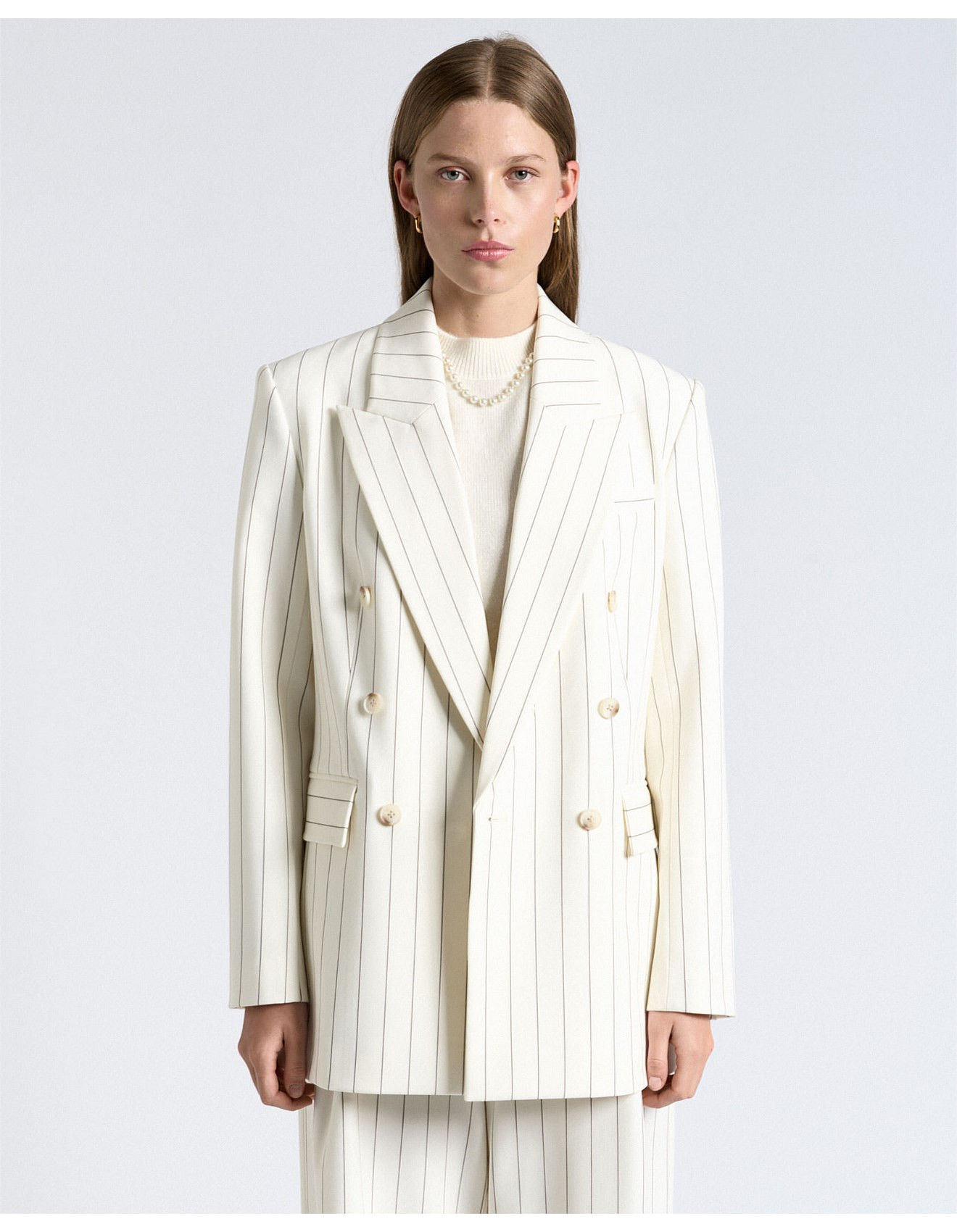 Cue Cream Pinstripe Double Breasted Blazer | David Jones | David Jones (Australia & New Zealand)