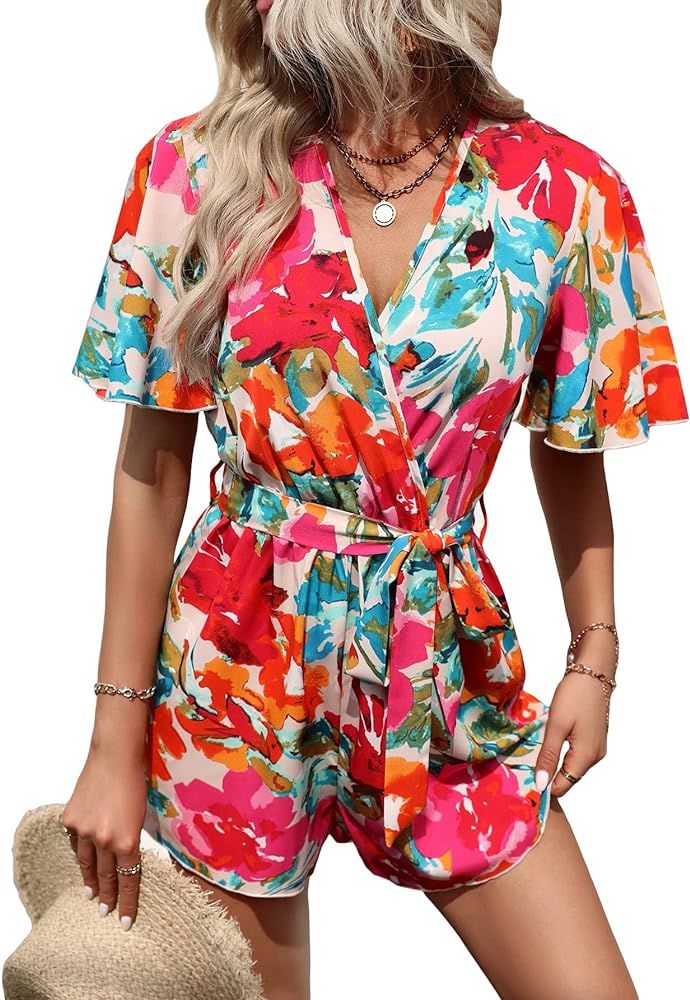 Milumia Women's Floral Print Belted Wrap Romper V Neck Short Sleeve Jumpsuit Playsuit | Amazon (US)