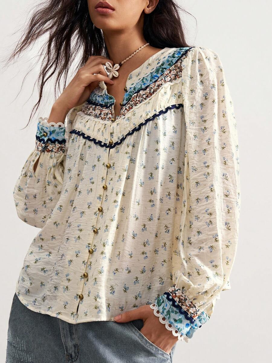 Bohemela Boho Cottage Core Country Vacation Casual Woven Print Long Sleeve Loose Women Blouse Vac... | SHEIN