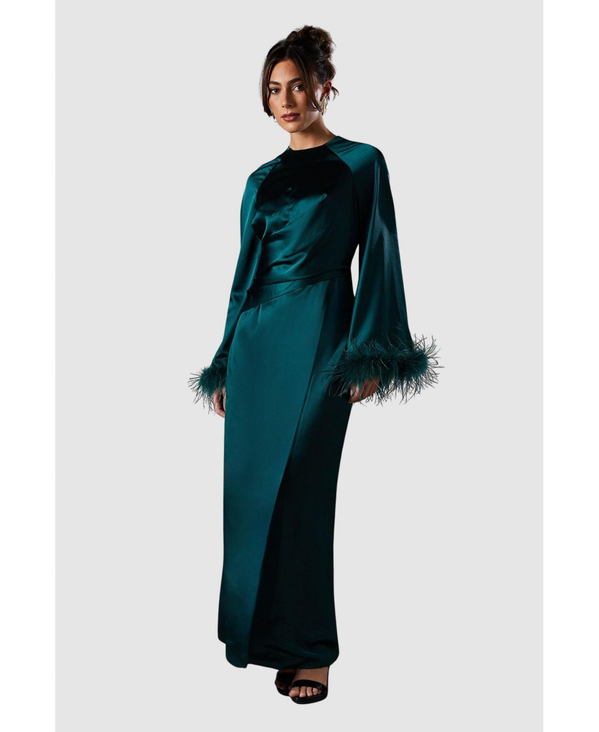 Coast Women's Feather Trim Satin Maxi Dress - Green | Macy's