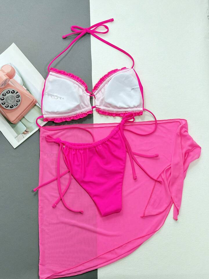 SHEIN Swim SXY Frill Trim Halter Bikini Swimsuit With Beach Skirt | SHEIN