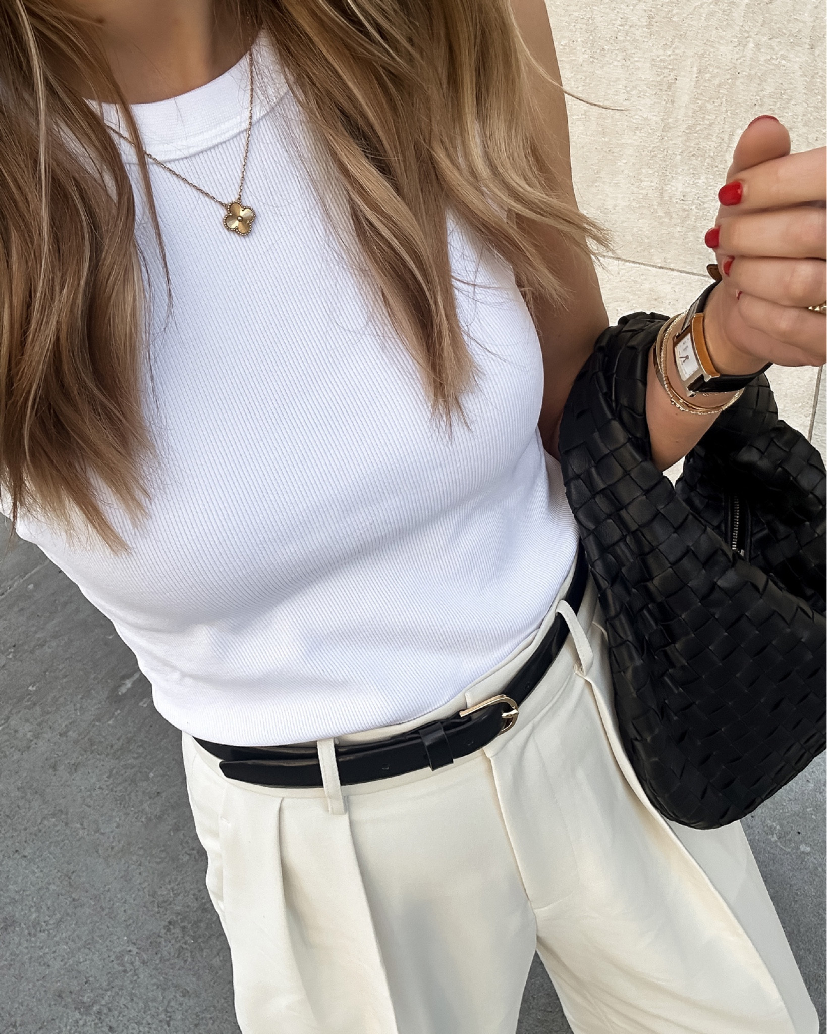 Fashion Jackson Wearing White Tank Ivory Trousers Black Belt Black Bottega Jodie Teen Summer Outfit
#fashionjackson #whitetank #summeroutfit 

#LTKstyletip #LTKshoecrush #LTKitbag