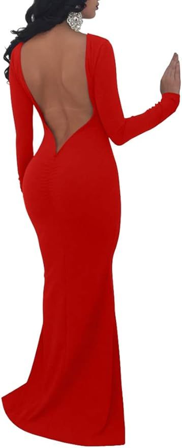 TOB Women's Sexy Long Sleeve Backless Ruched Evening Prom Mermaid Dress | Amazon (US)