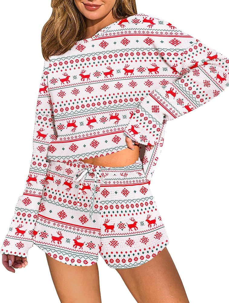 Ekouaer Womens Waffle Knit Lounge Set Long Sleeve Top and Shorts Pajama Set Print Comfy Sets Loun... | Amazon (US)