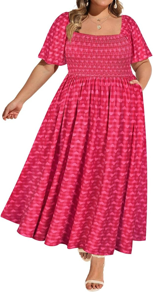 RITERA Plus Size Dresses for Curvy Women Square Neck Short Sleeve Summer Floral Smocked Maxi Dres... | Amazon (US)