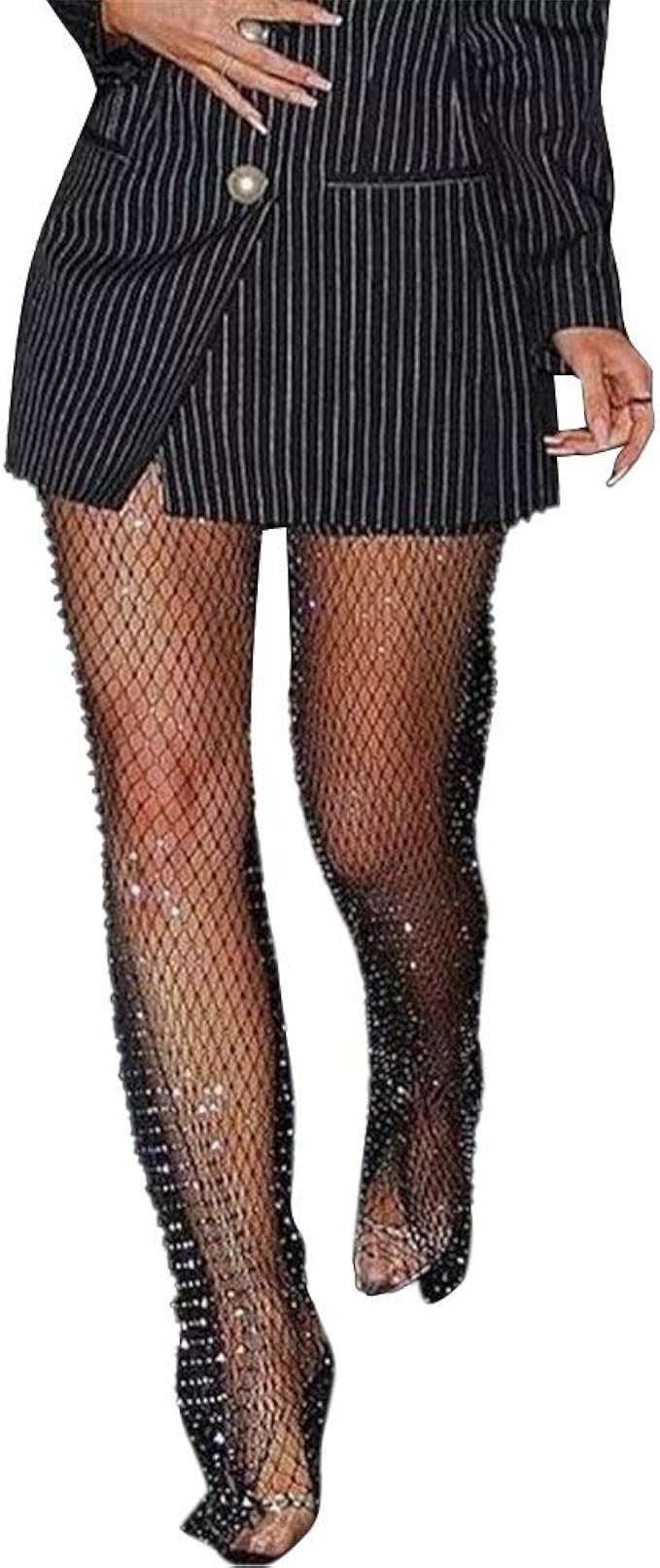 HUAZONG Damen-Netzhose mit Strasssteinen, sexy, durchsichtig, für Clubs, Partys, lange Hose, glitzer | Amazon (DE)