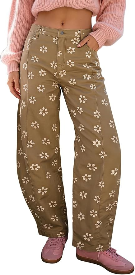 EXLURA Womens Floral Print Barrel Jeans Elastic Waist Y2k Baggy Denim Pants | Amazon (US)