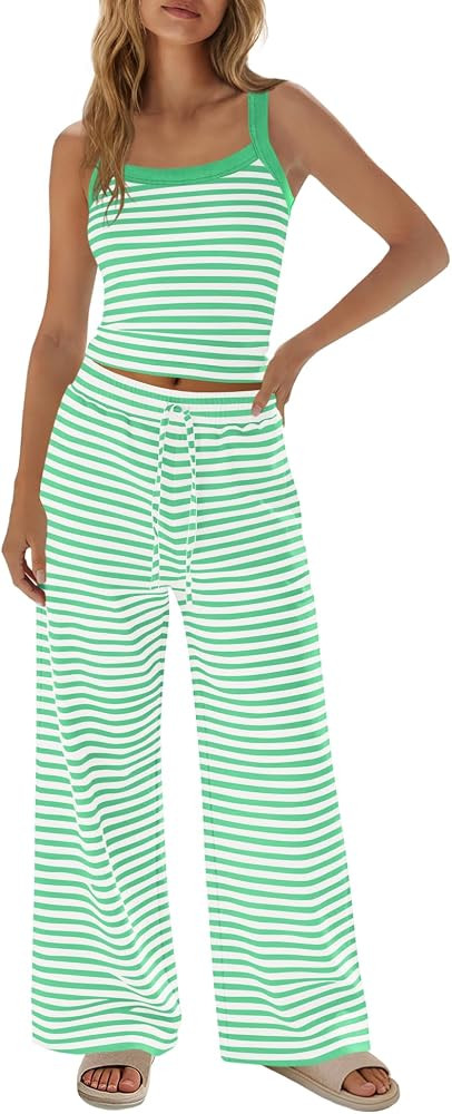 SENSERISE Womens Striped Lounge Set 2 Piece Outfits Spaghetti Strap Tank Top Wide Leg Pants Summe... | Amazon (US)