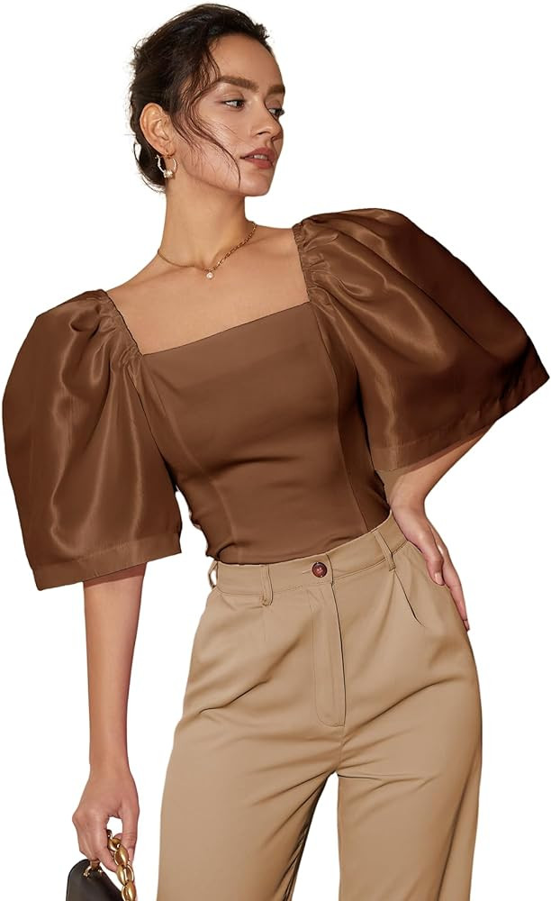 Floerns Women's Square Neck Puff Short Sleeve Elegant Blouse Crop Top | Amazon (US)