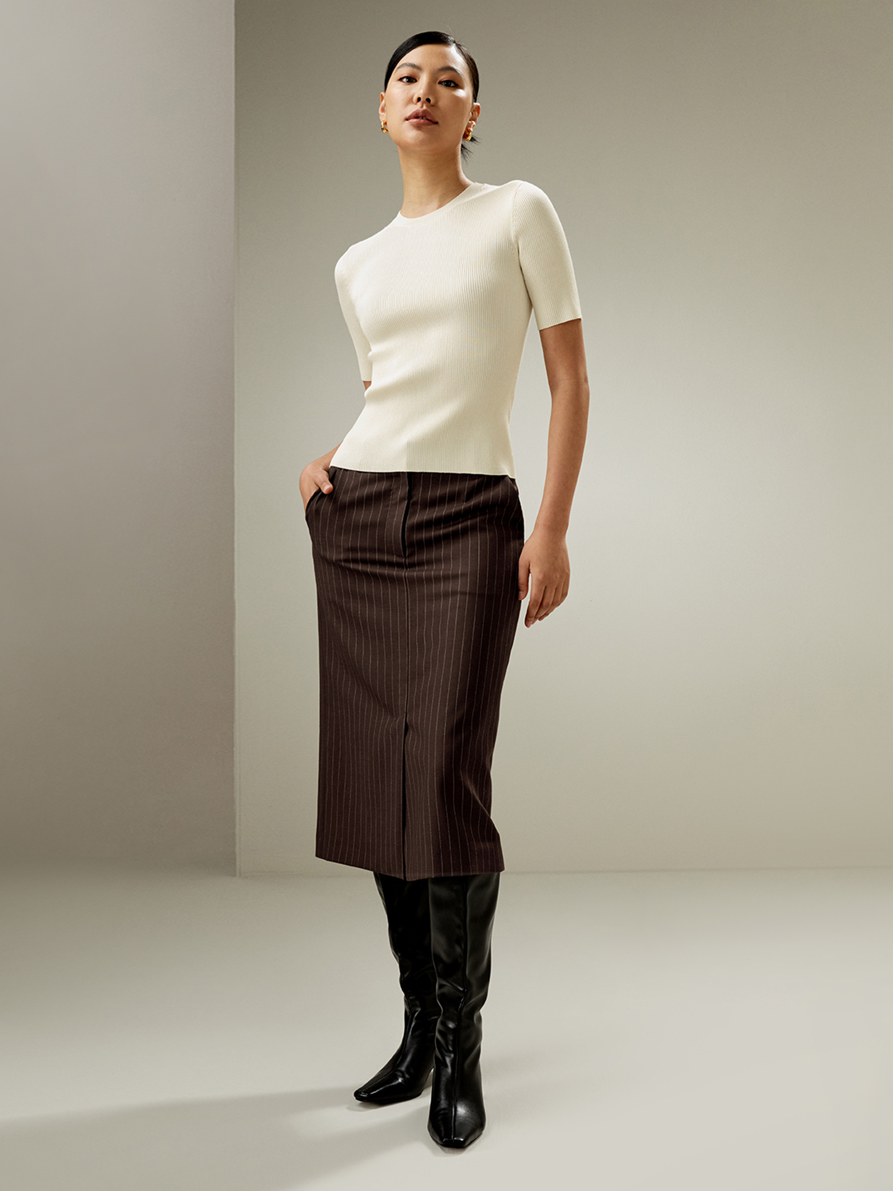 LILYSILK High-Waisted Pencil Skirt Straight Hem Chic UK Dark Brown UK 8 | LILYSILK