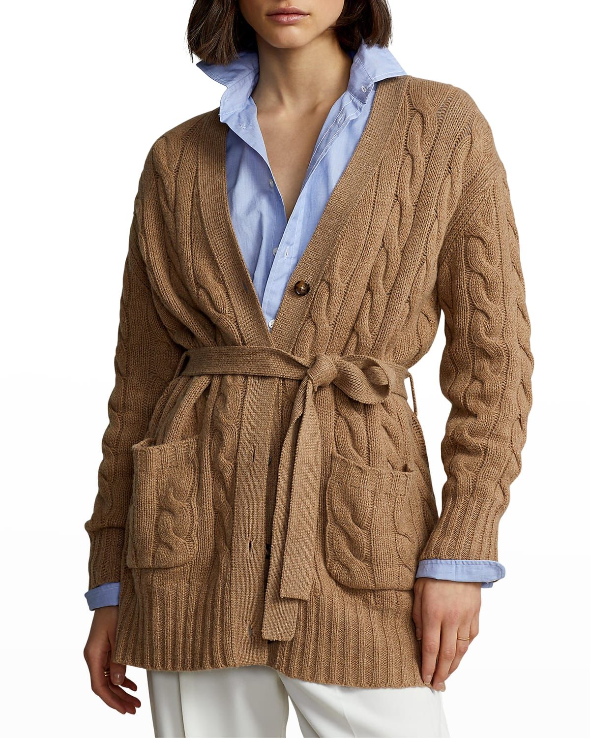 Belted Cable-Knit Wool-Cashmere Cardigan | Neiman Marcus
