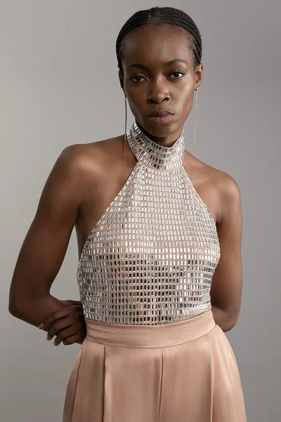 Premium Crystal Embellished Jersey Halter Top | Karen Millen UK + IE + DE + NL