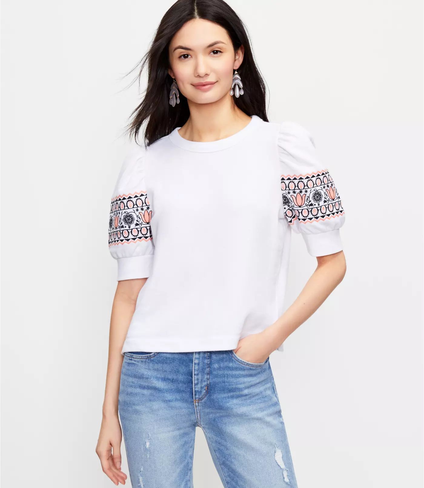 Embroidered Puff Sleeve Sweatshirt Tee | LOFT