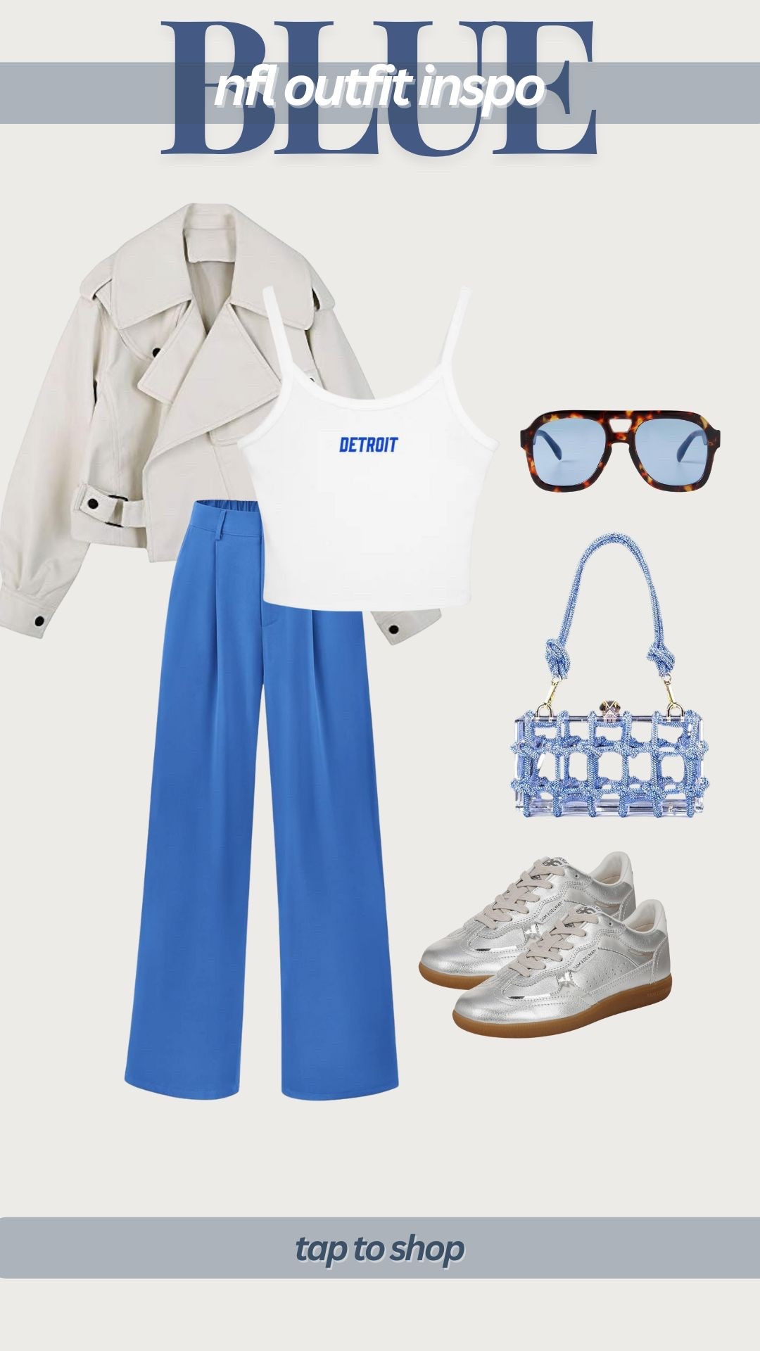 NFL game day outfit, football game outfit, blue and white outfit, blue sports team outfit, Detroit lions, Tennessee titans outfit, Carolina panthers outfit, LA chargers outfit, Houston Texans outfit 