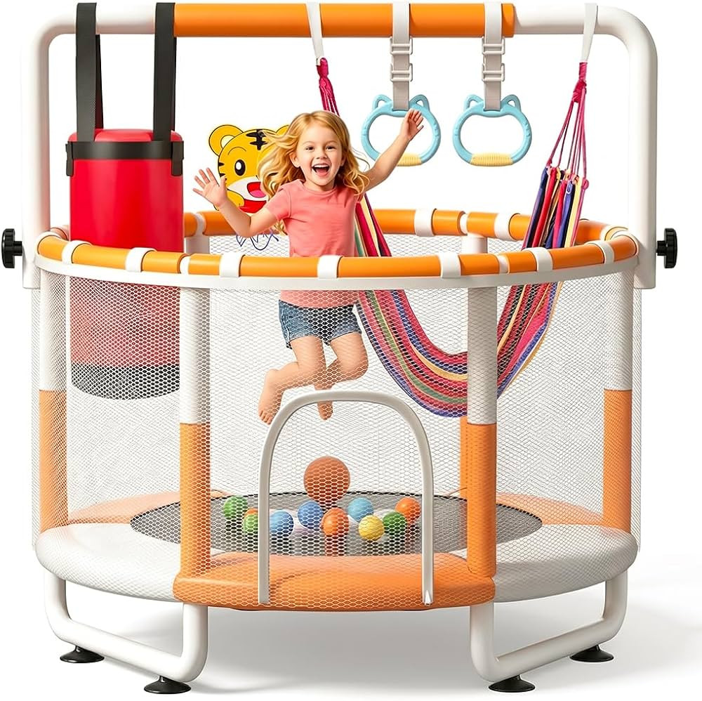 55" Kids Indoor Trampoline with Safety Net, Adjustable Gymnastics Bar & Toys \u2013 Indoor/Outdoo... | Amazon (US)