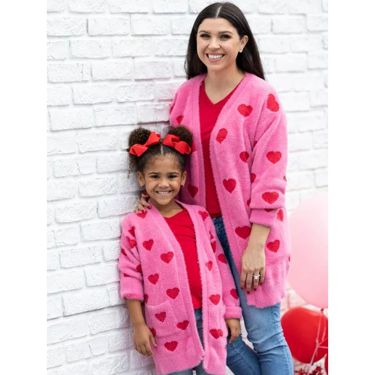 Gwiyeopda Family Matching Long Sleeve Open Front Long Cardigan Sweater Heart Mommy and Me Coat | Walmart (US)