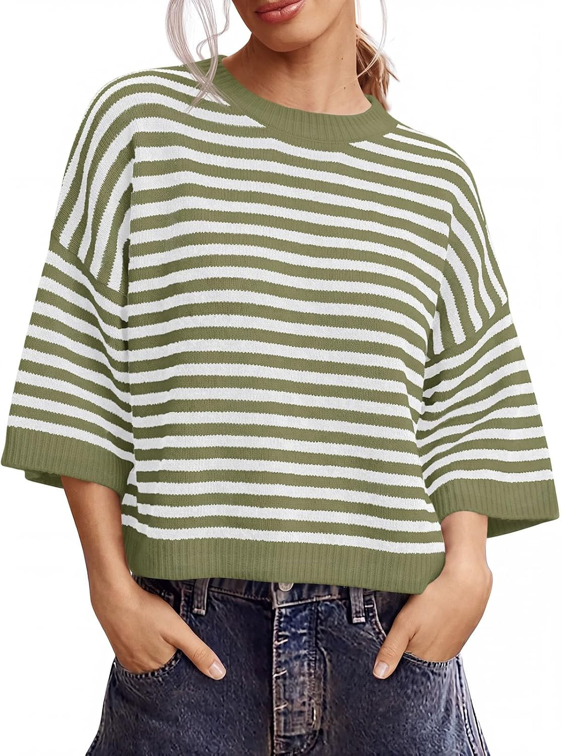 Saodimallsu Womens Short Sleeve Sweater Striped Oversized Sweaters Knit Top | Amazon (US)