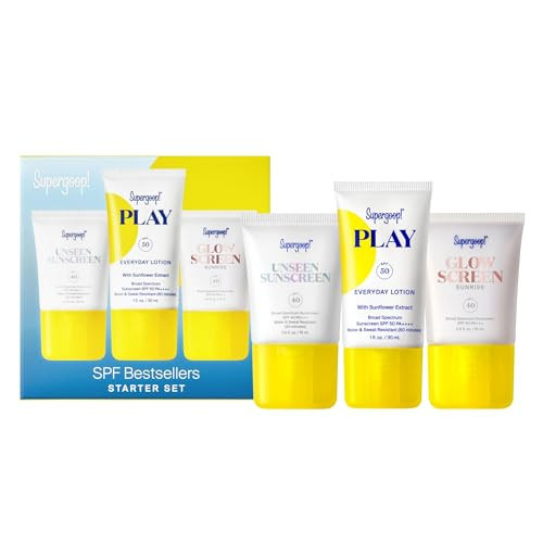 Supergoop! SPF Bestsellers Starter Set - Includes PLAY Everyday Lotion SPF 50 (1 fl oz), Unseen Sunscreen SPF 40 (0.5 fl oz) & Glowscreen SPF 40 (0.5 fl oz) | Amazon (US)