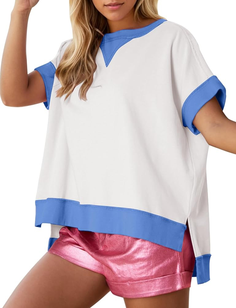 Women's Oversized Color Block Tops Short Sleeve Side Split High Low Hem Trendy Loose Fit Y2k Summ... | Amazon (US)
