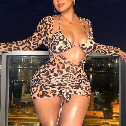 Plus Size Leopard Printed 3-Piece Bikini Set, Summer Beach | SHEIN