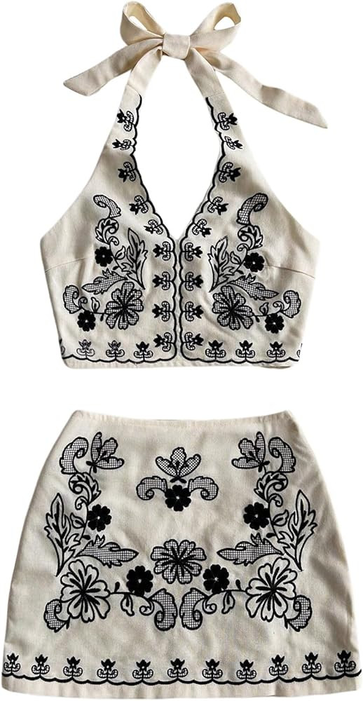 MakeMeChic Women's 2 Piece Outfits Floral Embroidery Halter Tie Open Back Crop Tops and Bodycon S... | Amazon (US)