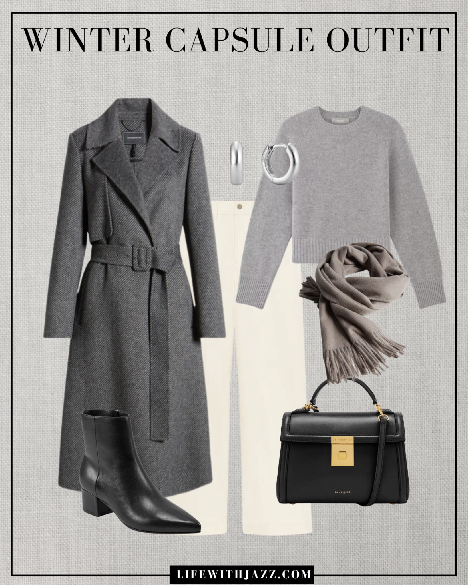 Winter capsule outfit

Gray coat / gray sweater / Crewneck / white jeans / ecru jeans / wide leg jeans / elevated style / black booties / gray scarf / black purse / silver earrings / cold toned outfit / wc25

#LTKStyleTip #LTKSeasonal