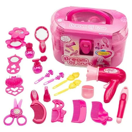 GLUAAE Girl Makeup Kit - Kids Real Washable Play Makeup Toy for Toddler Gifts Age 3+ Hairdryer Brush Mirror & Styling(17pcs) | Walmart (US)