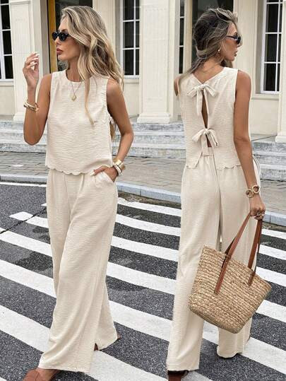 Serisse Women's Summer Muscle Simple Everyday Old Money Style Linen Tie Two Pieces Set, Tie Two P... | SHEIN