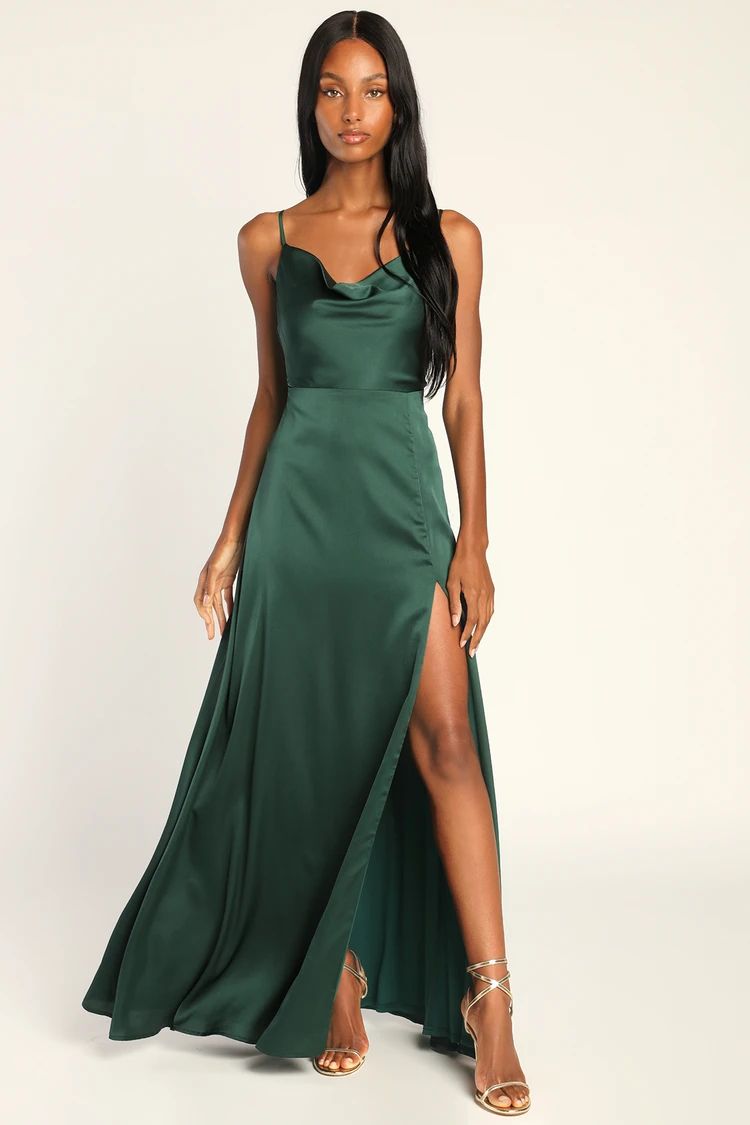 Formal Invitation Emerald Green Satin Cowl Neck Maxi Dress | Lulus (US)