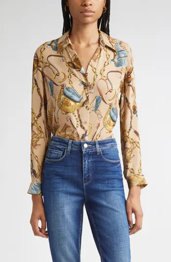 L'AGENCE Nina Chain Print Silk Button-Up Shirt in Dk Cppccno Mlt Equestrian Sdl at Nordstrom Rack, Size Medium | Nordstrom Rack