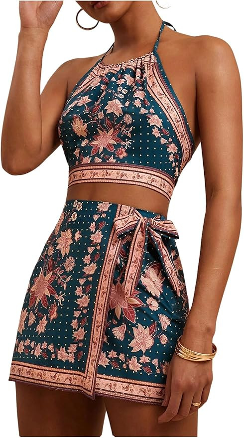 MakeMeChic Women's Boho 2 Piece Outfit Halter Backless Crop Tops and Wrap Skirt Skorts Travel Vac... | Amazon (US)